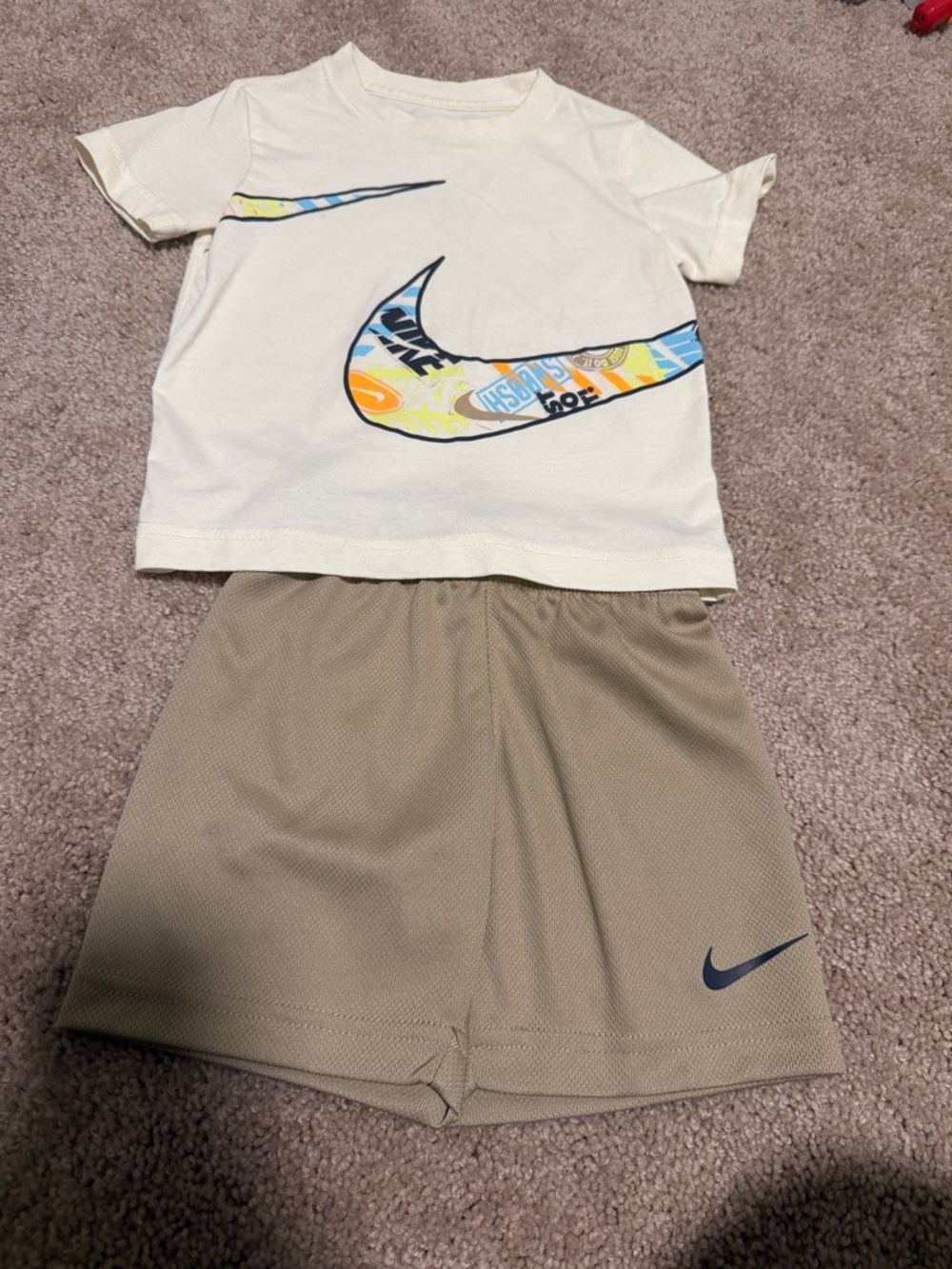 Nike White Tee with Multicolor Swoosh & Tan Shorts